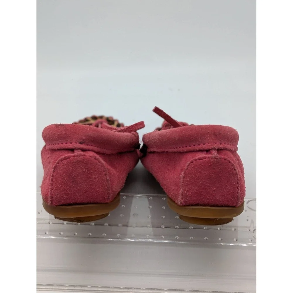 Minnetonka Girls Moccasins Size 1 Pink Suede Leopard Print Fringe Shoes